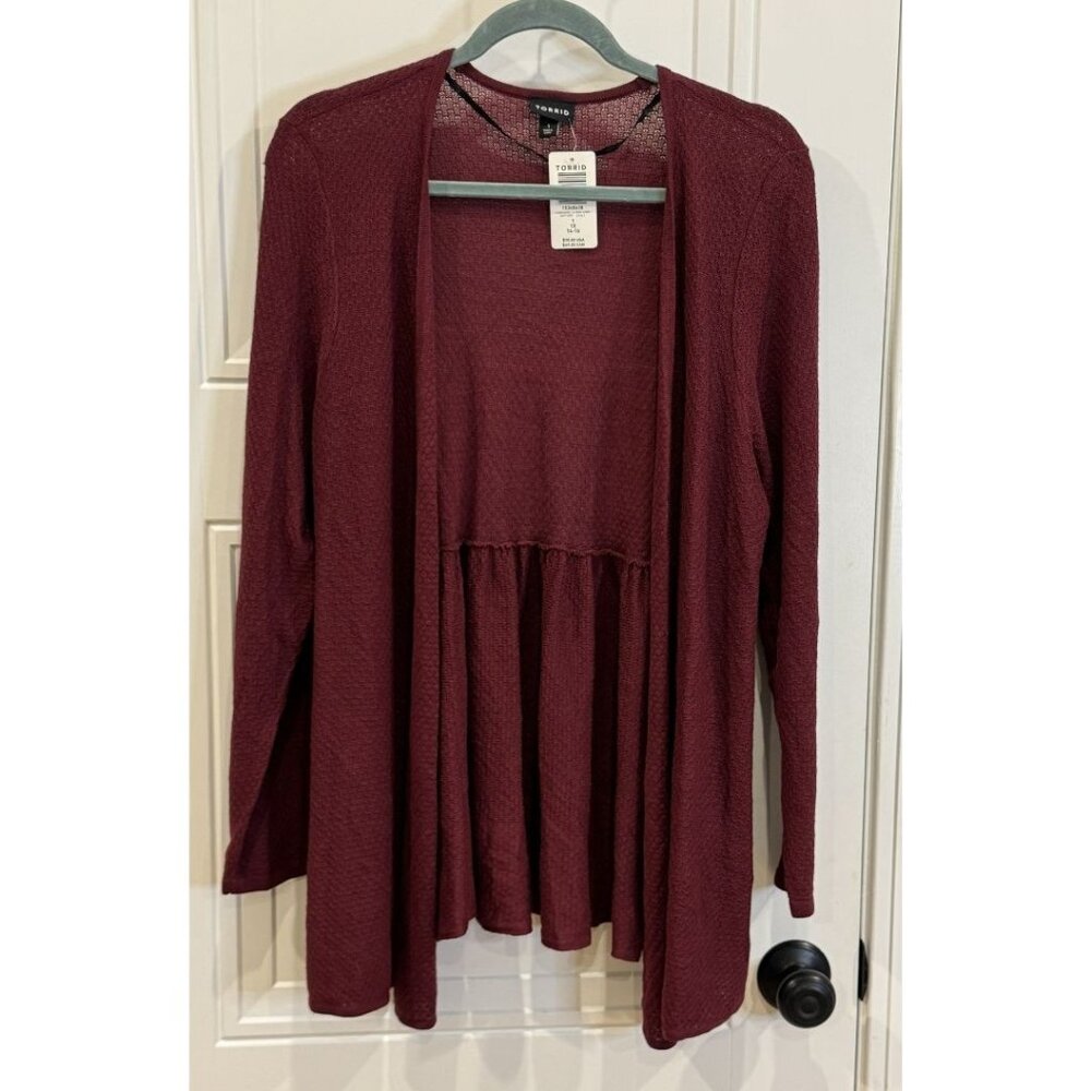 NWT Torrid 1xl Maroon "Zinfandel" Open-Front Cardigan Long Sleeve Peplum Back